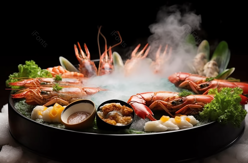 海鲜拼盘冒着冷气的大虾煮熟边上放着生菜海螺肉餐饮美食图像摄影,高清,摄影图,摄影图片,图片大全,摄影图免费下载